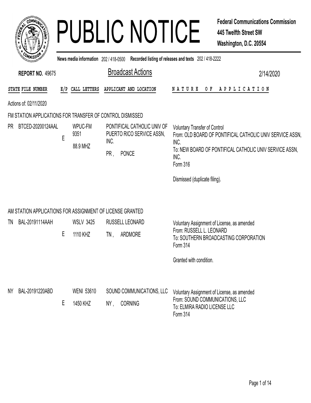 Broadcast Actions 2/14/2020