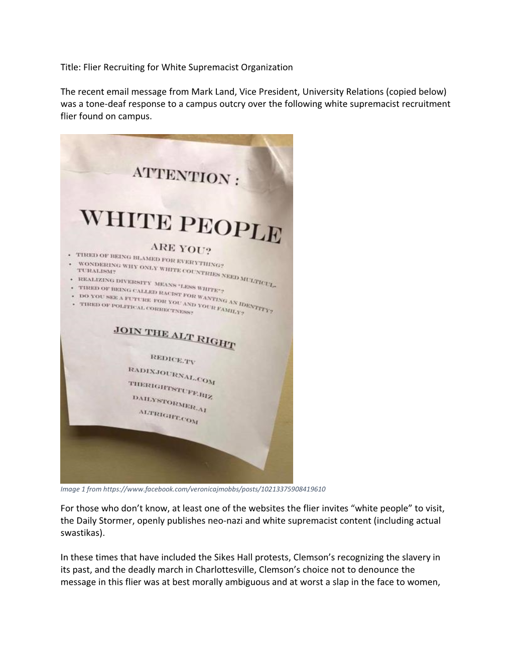 Title: Flier Recruiting for White Supremacist Organization the Recent Email Message from Mark Land, Vice President, University R