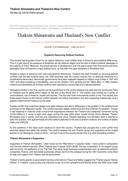 Thaksin Shinawatra and Thailand's New Conflict Written by Ukrist Pathmanand