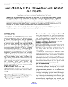 Low Efficiency of the Photovoltaic Cells: Causes and Impacts