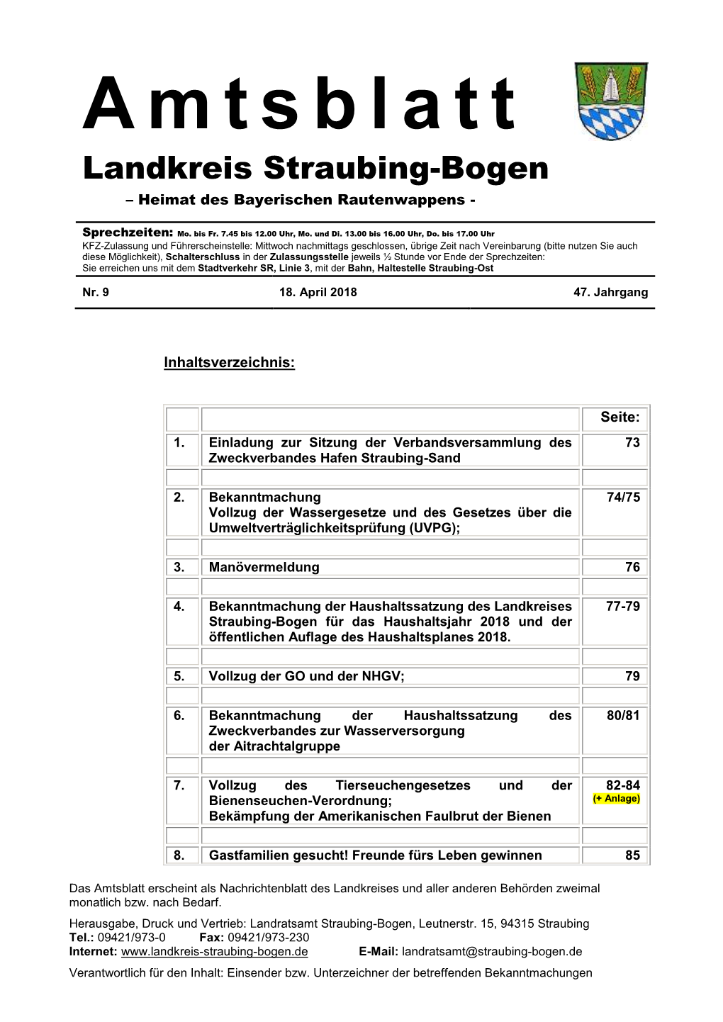 Amtsblatt Erscheint Als Nachrichtenblatt Des Landkreises Und Aller Anderen Behörden Zweimal Monatlich Bzw