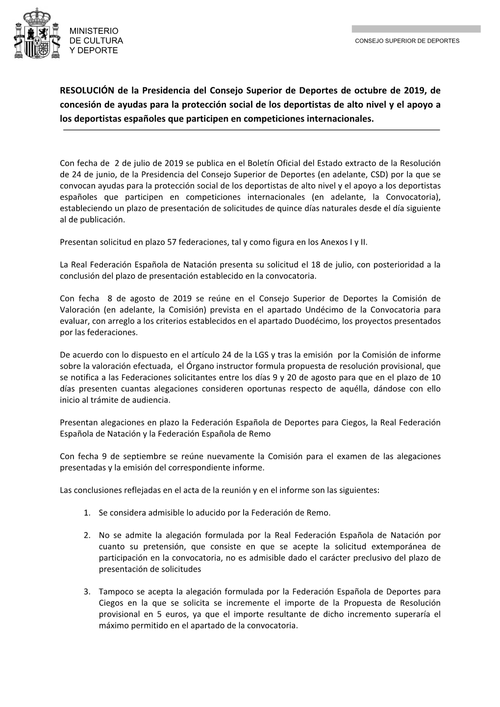 RESOLUCIÓN De La Presidencia Del Consejo Superior De Deportes De