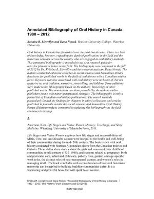 Annotated Bibliography of Oral History in Canada: 1980 – 2012