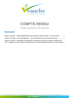 COMPTE-RENDU Conseil Municipal Du 25 Août 2016 Sommaire