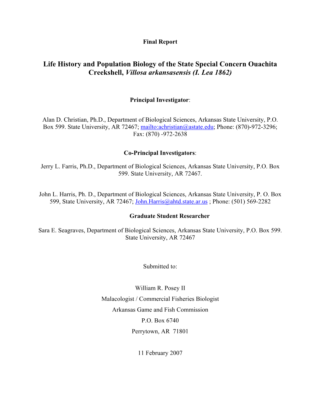 Life History and Population Biology of the State Special Concern Ouachita Creekshell, Villosa Arkansasensis (I