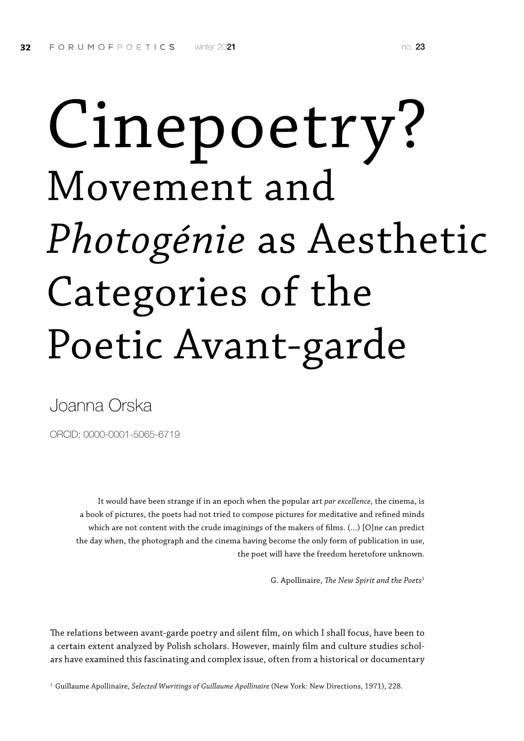 Movement and Photogénie As Aesthetic Categories of the Poetic Avant-Garde