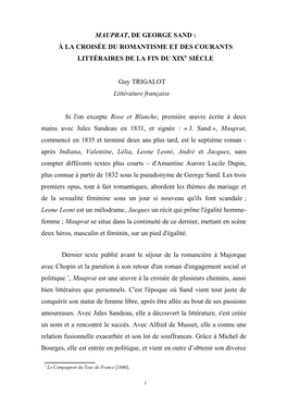 Mauprat, De George Sand : À La Croisée Du Romantisme Et Des Courants Littéraires De La Fin Du Xixe Siècle