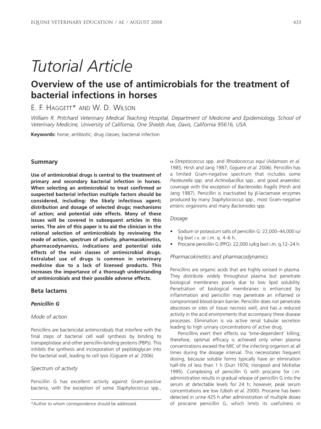 Tutorial Article Overview of the Use of Antimicrobials for the Treatment of Bacterial Infections in Horses E
