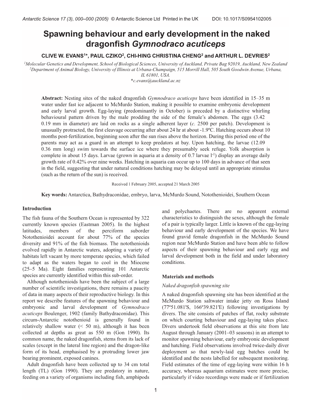 Spawning Behaviour and Early Development in the Naked Dragonfish Gymnodraco Acuticeps CLIVE W