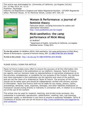 Nicki-Aesthetics: the Camp Performance of Nicki Minaj Uri Mcmillana a Department of English, University of California, Los Angeles Published Online: 14 May 2014