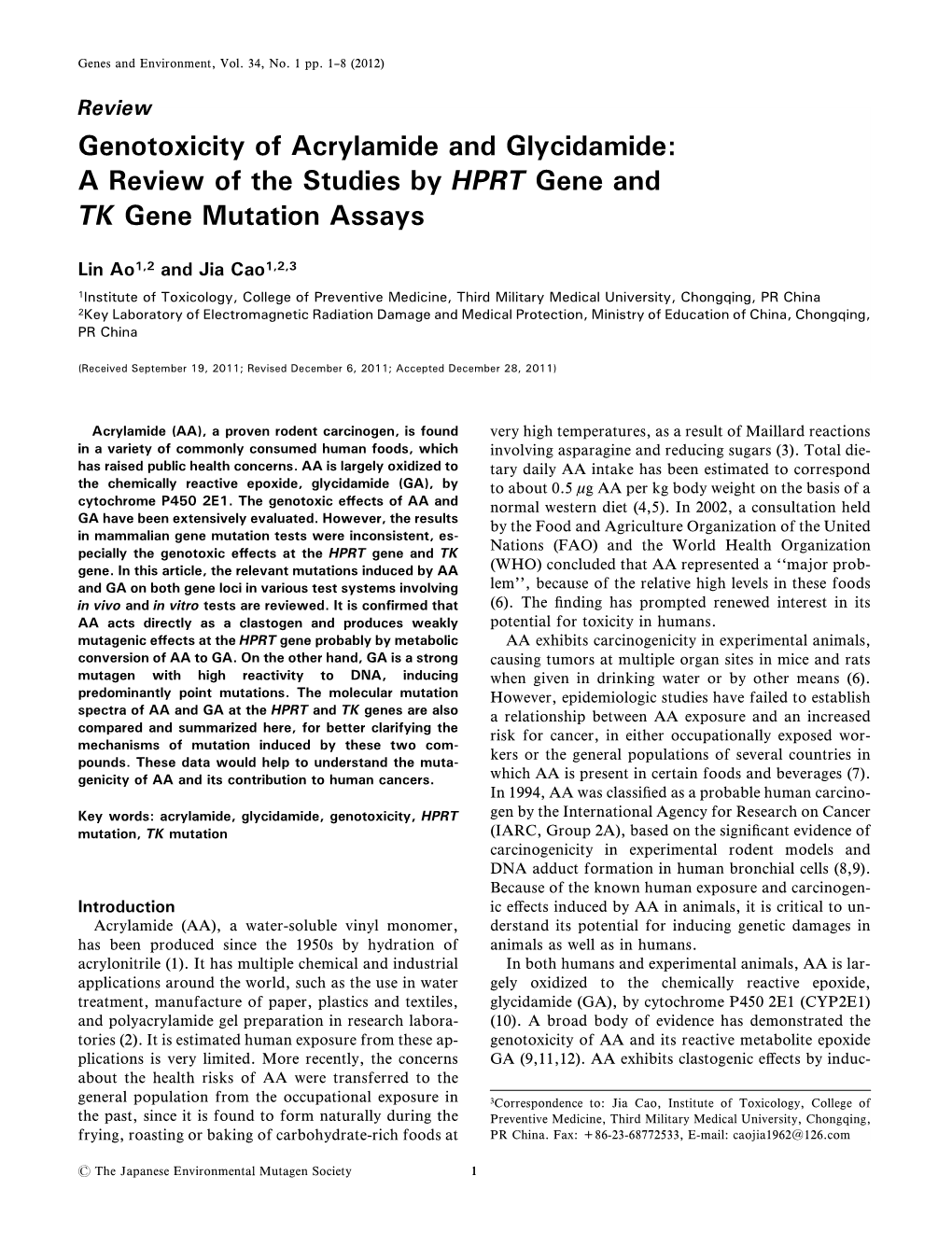 Genotoxicity of Acrylamide and Glycidamide: a Review of the Studies by HPRT Gene and TK Gene Mutation Assays