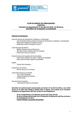 PLAN DE BARRIO DE EMBAJADORES (CENTRO) Comisión De Seguimiento 17 De Abril De 2015, 13:30 Horas RESUMEN DE ACUERDOS ALCANZADOS