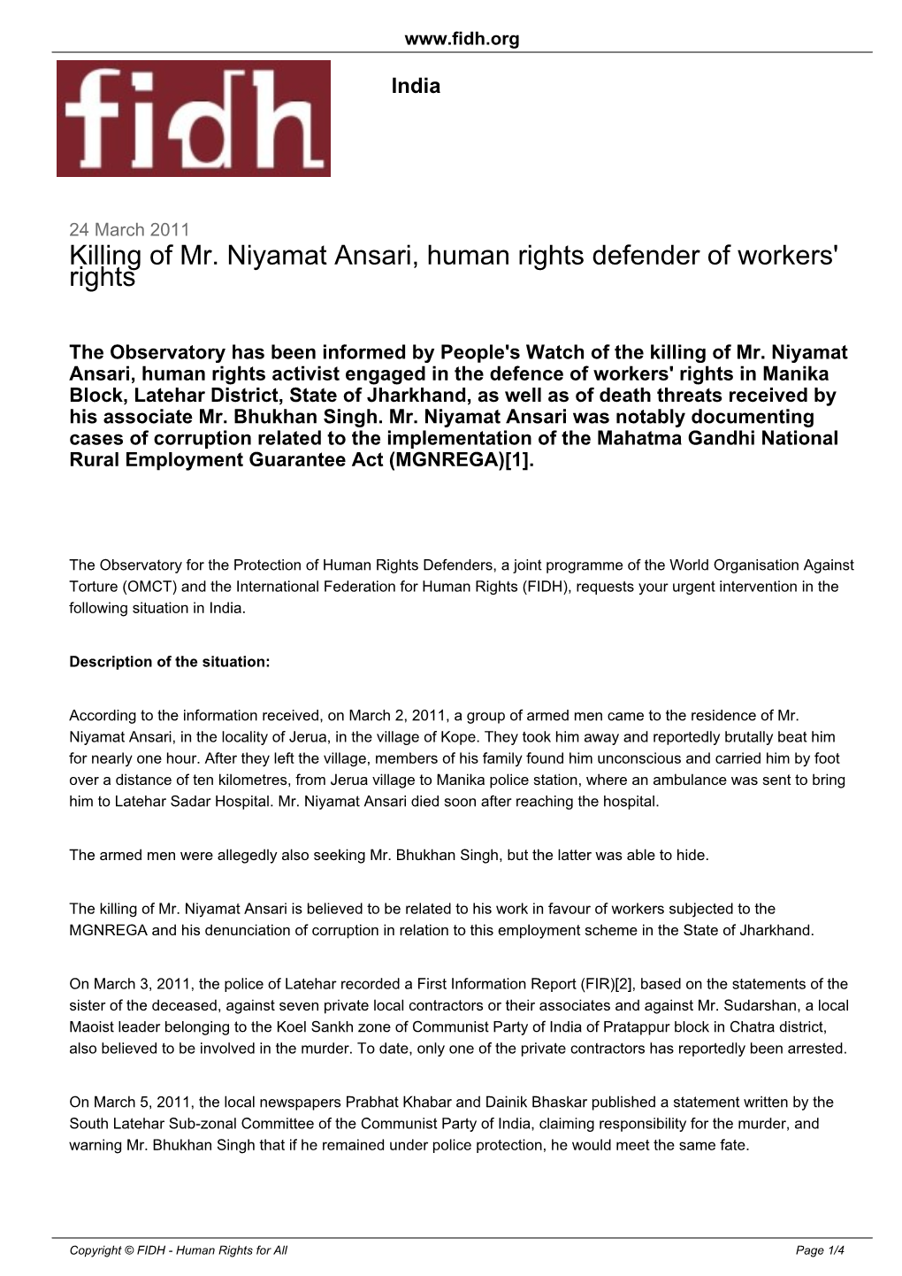 Killing of Mr. Niyamat Ansari, Human Rights Defender of Workers' Rights