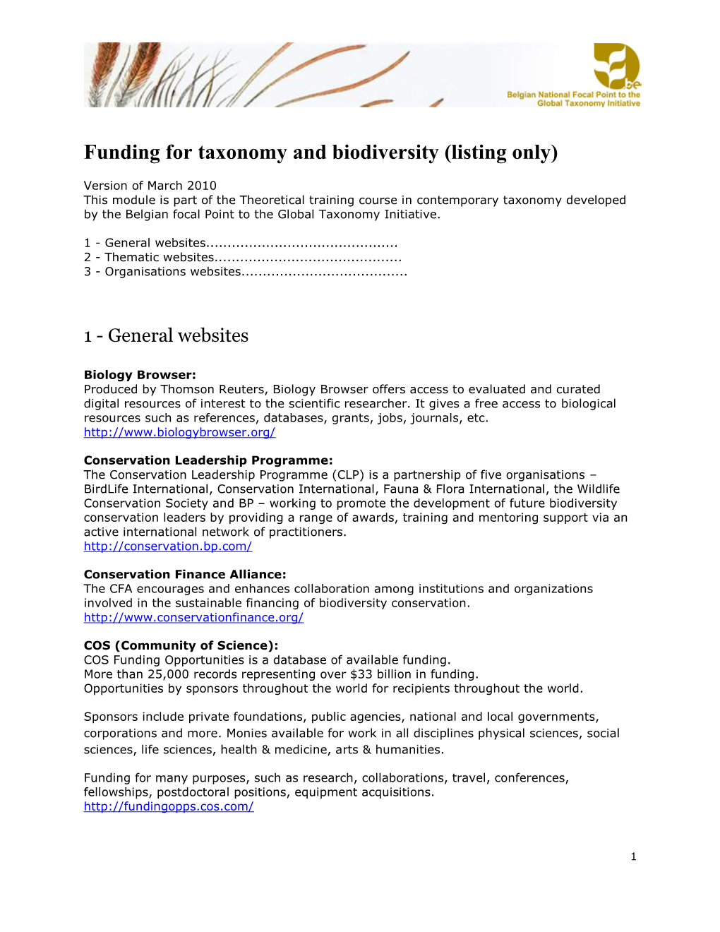 Funding for Taxonomy and Biodiversity (Listing Only)