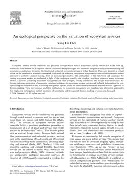 An Ecological Perspective on the Valuation of Ecosystem Services