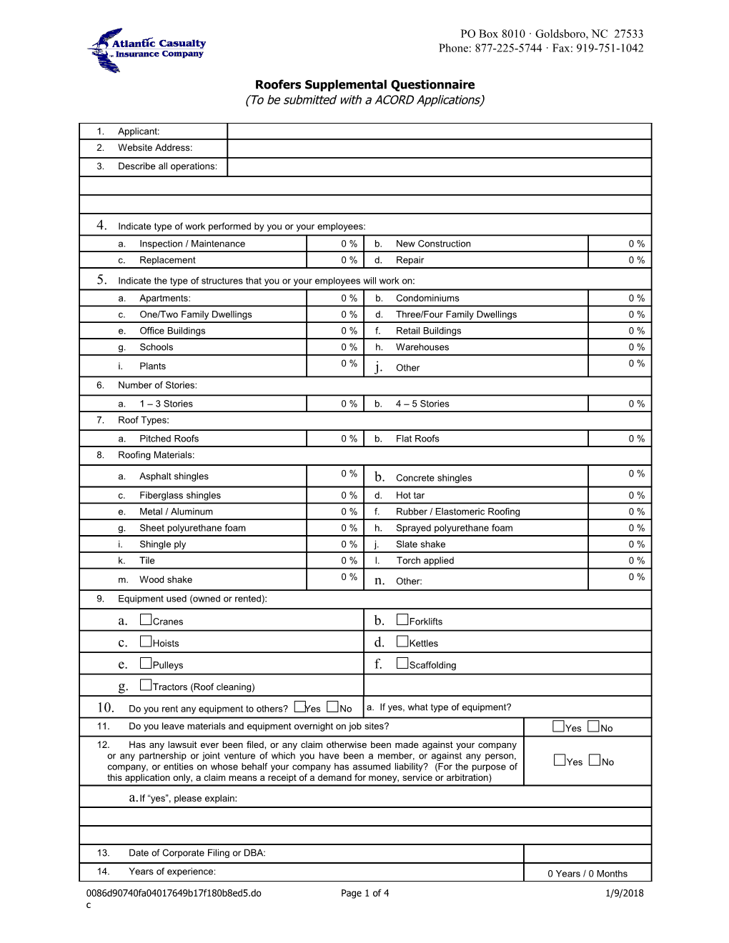 Roofers Supplemental Questionnaire