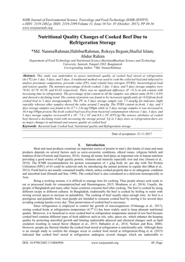 Nutritional Quality Changes of Cooked Beef Due to Refrigeration Storage