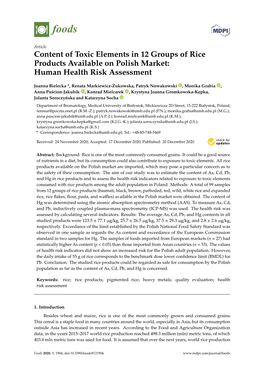 Content of Toxic Elements in 12 Groups of Rice Products Available on Polish Market: Human Health Risk Assessment