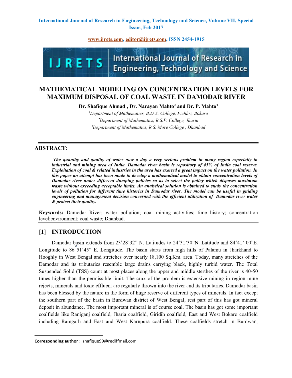 MATHEMATICAL MODELING on CONCENTRATION LEVELS for MAXIMUM DISPOSAL of COAL WASTE in DAMODAR RIVER Dr