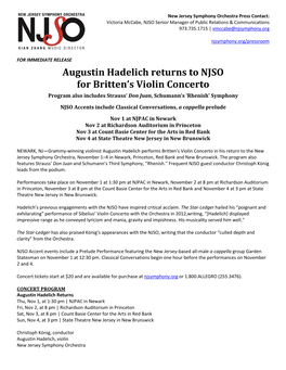 Augustin Hadelich Returns to NJSO for Britten's Violin Concerto