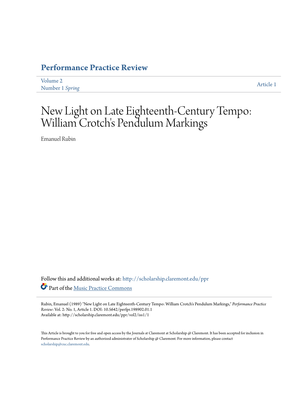 New Light on Late Eighteenth-Century Tempo: William Crotch's Pendulum Markings Emanuel Rubin