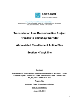 Transmission Line Reconstruction Project Hrazdan to Shinuhayr Corridor Abbreviated Resettlement Action Plan Section 4:Vayk Line