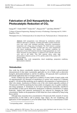 Fabrication of Zno Nanoparticles for Photocatalytic Reduction of CO2
