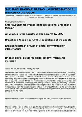 Shri Ravi Shankar Prasad Launches National Broadband Mission