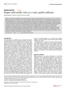 Pepper Mild Mottle Virus As a Water Quality Indicator