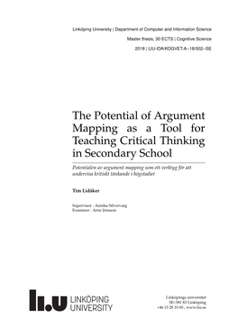 The Potential of Argument Mapping As a Tool for Teaching Critical Thinking in Secondary School