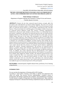 The Relationship Between English Language Proficiency Level and Comprehension of Connected Speech Aspects