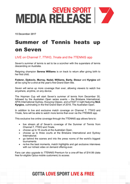 Summer of Tennis Heats up on Seven