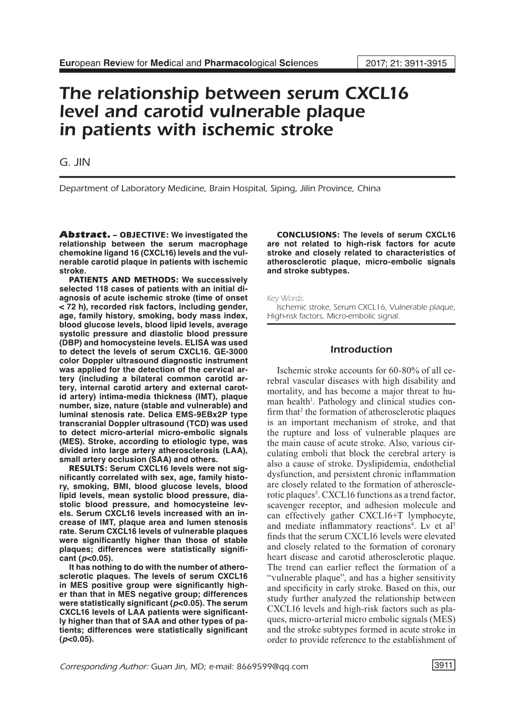 The Relationship Between Serum CXCL16 Level and Carotid Vulnerable Plaque in Patients with Ischemic Stroke