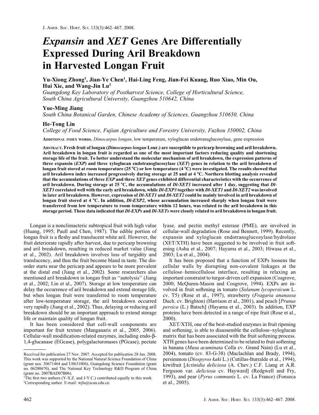 Expansin and XET Genes Are Differentially Expressed During Aril Breakdown in Harvested Longan Fruit