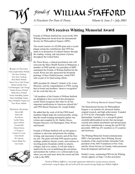 Friends of William Stafford Has Received the 2001 Whiting Memorial Award from the International Society for Philosophical Enquiry (ISPE)