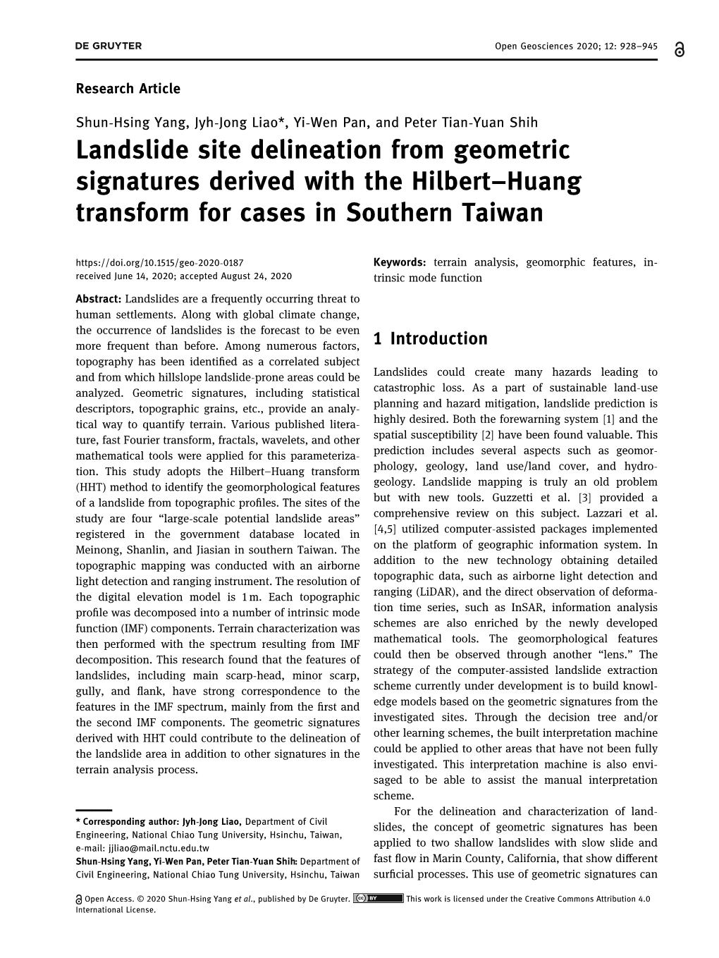 Landslide Site Delineation from Geometric Signatures Derived with the Hilbert–Huang Transform for Cases in Southern Taiwan