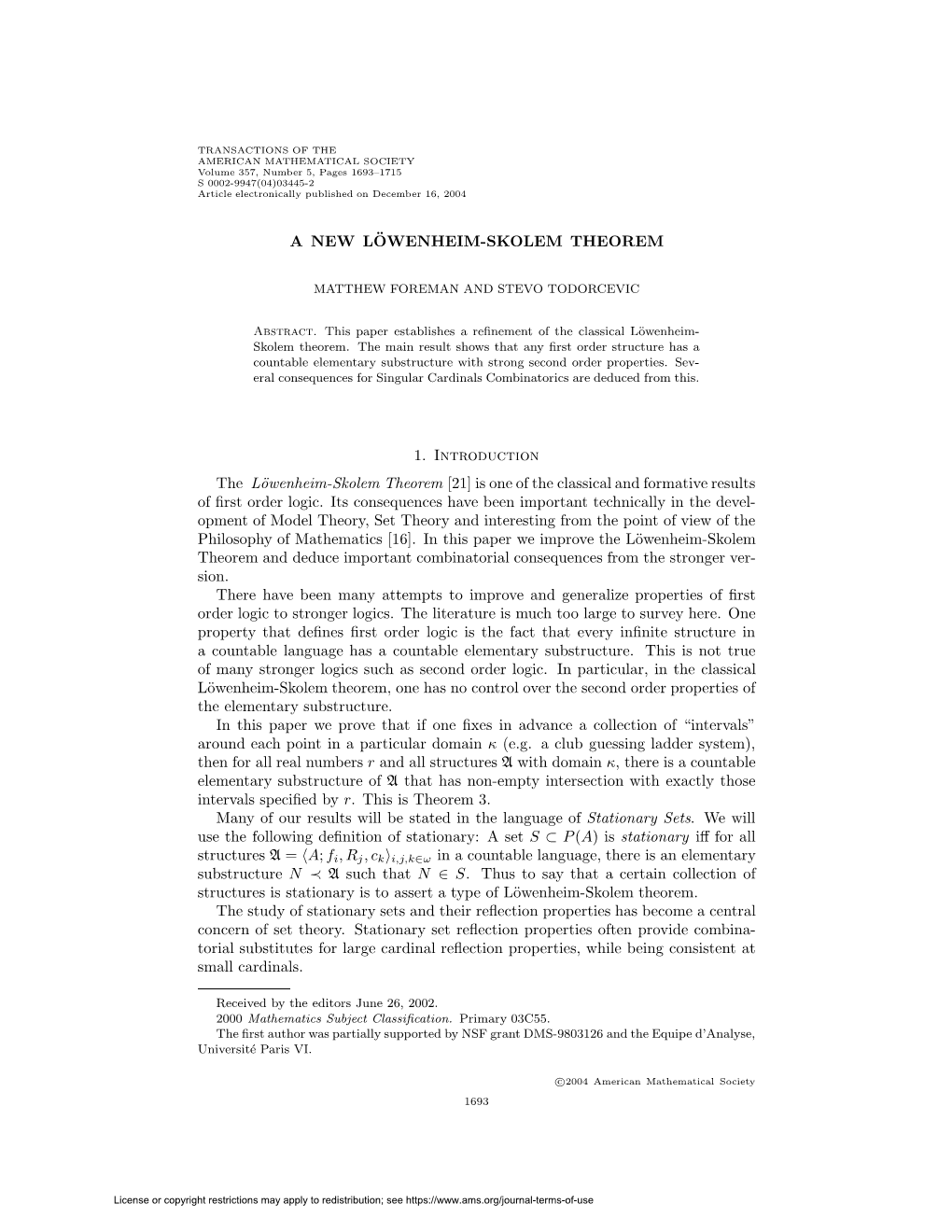 A NEW L¨OWENHEIM-SKOLEM THEOREM 1. Introduction The