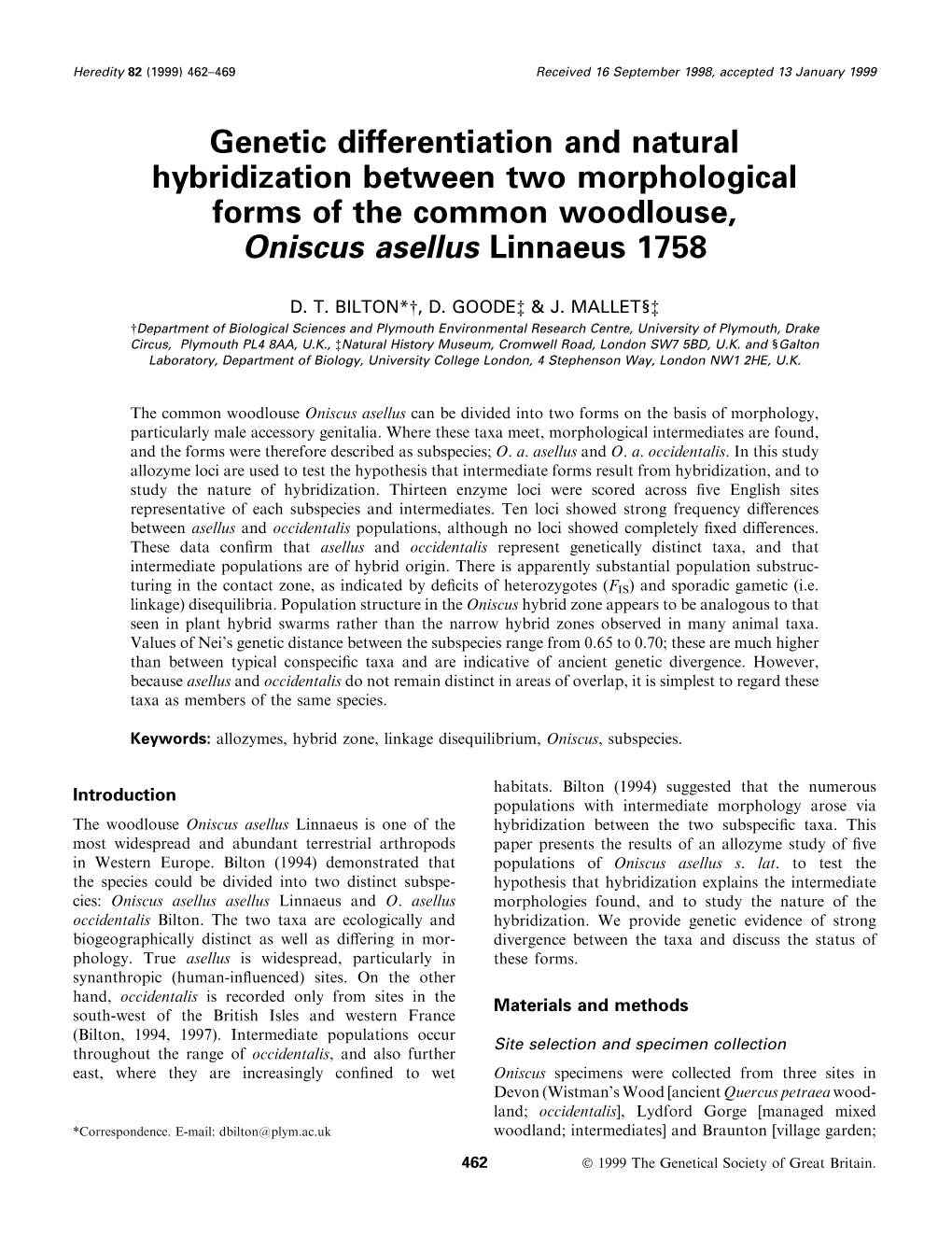 Genetic Differentiation and Natural Hybridization Between Two Morphological Forms of the Common Woodlouse, Oniscus Asellus Linnaeus 1758