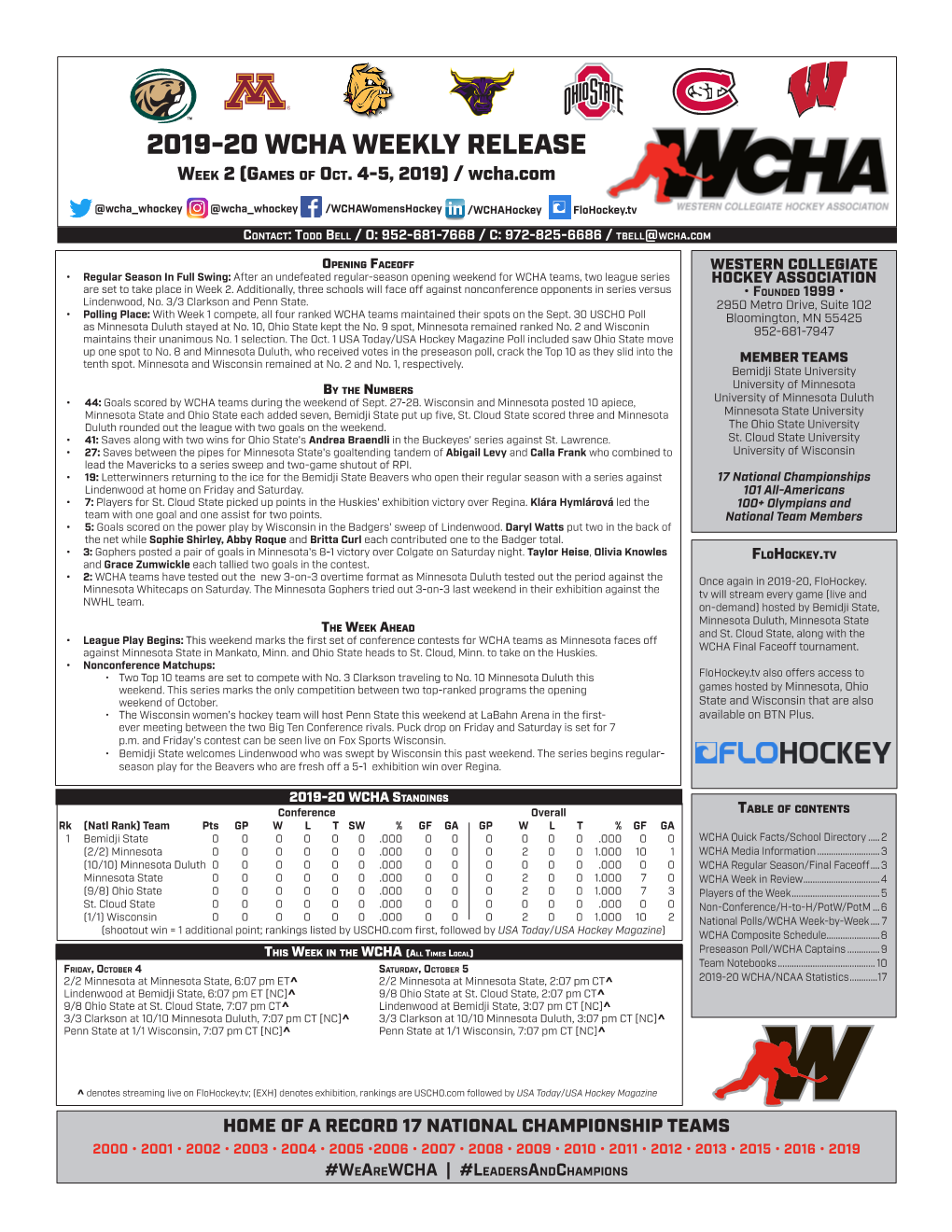 2019-20 WCHA WEEKLY RELEASE Week 2 (Games of Oct