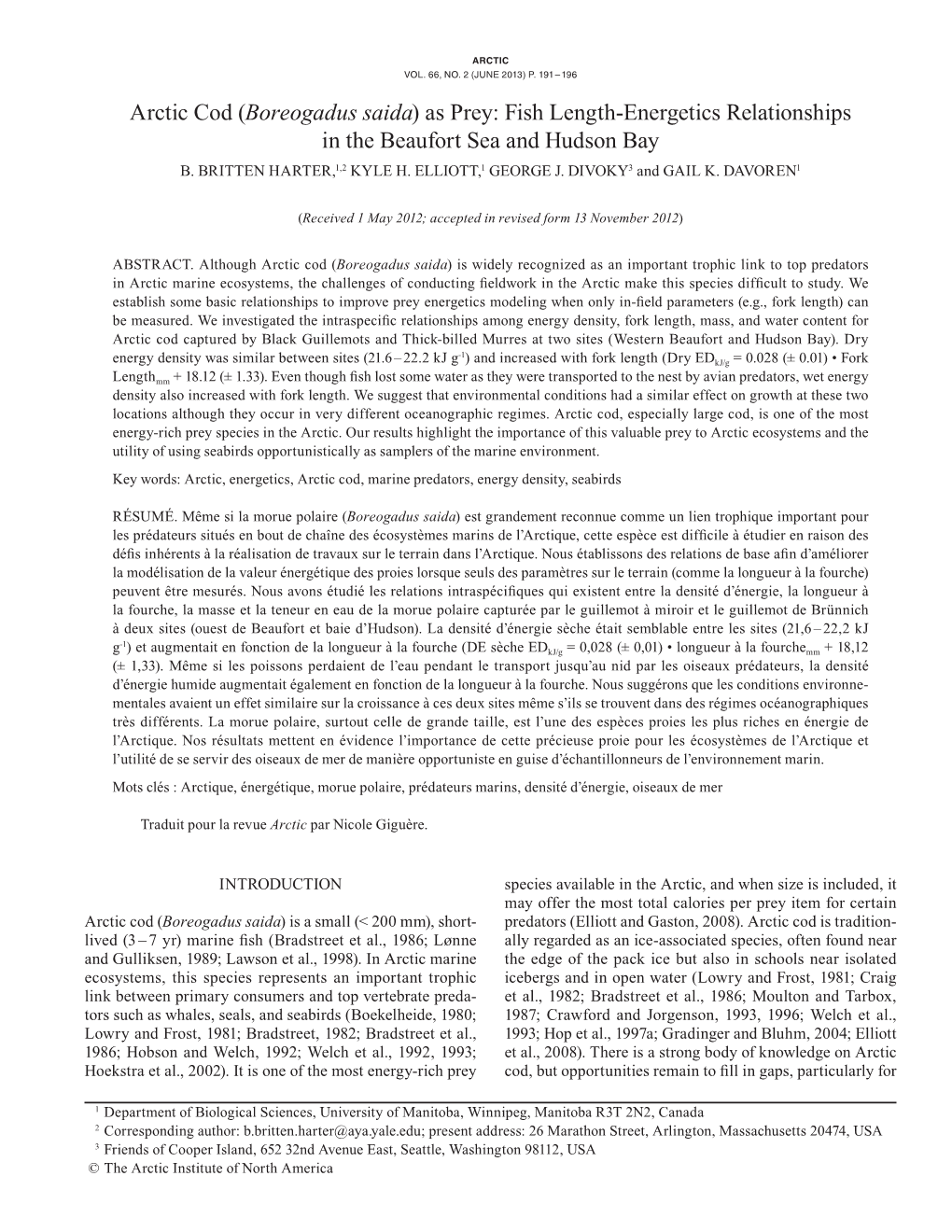 Arctic Cod (Boreogadus Saida) As Prey: Fish Length-Energetics Relationships in the Beaufort Sea and Hudson Bay B