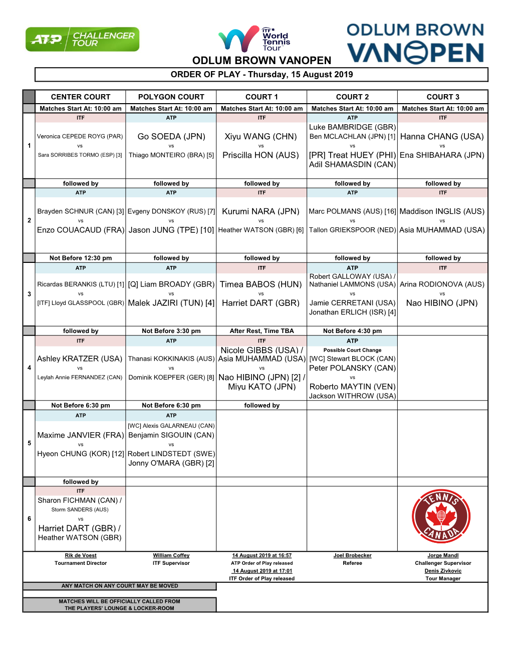 ODLUM BROWN VANOPEN ORDER of PLAY - Thursday, 15 August 2019