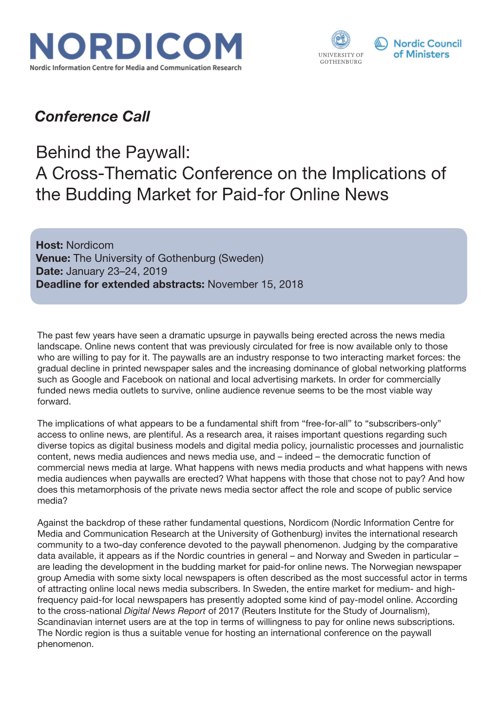 Behind the Paywall: a Cross-Thematic Conference on the Implications of the Budding Market for Paid-For Online News