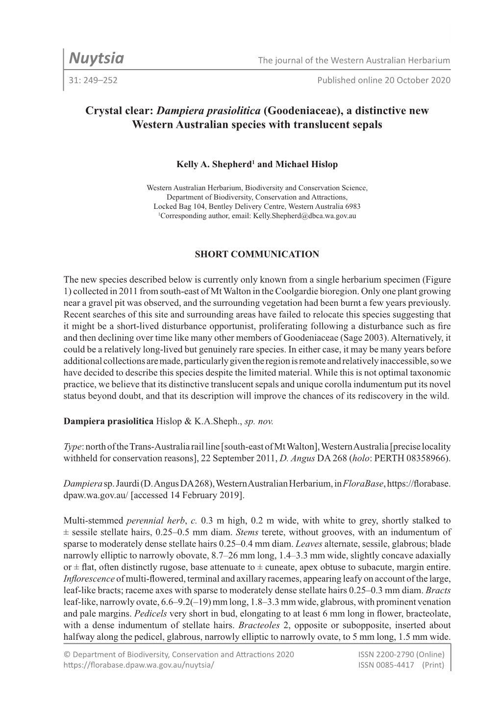 Nuytsia the Journal of the Western Australian Herbarium 31: 249–252 Published Online 20 October 2020