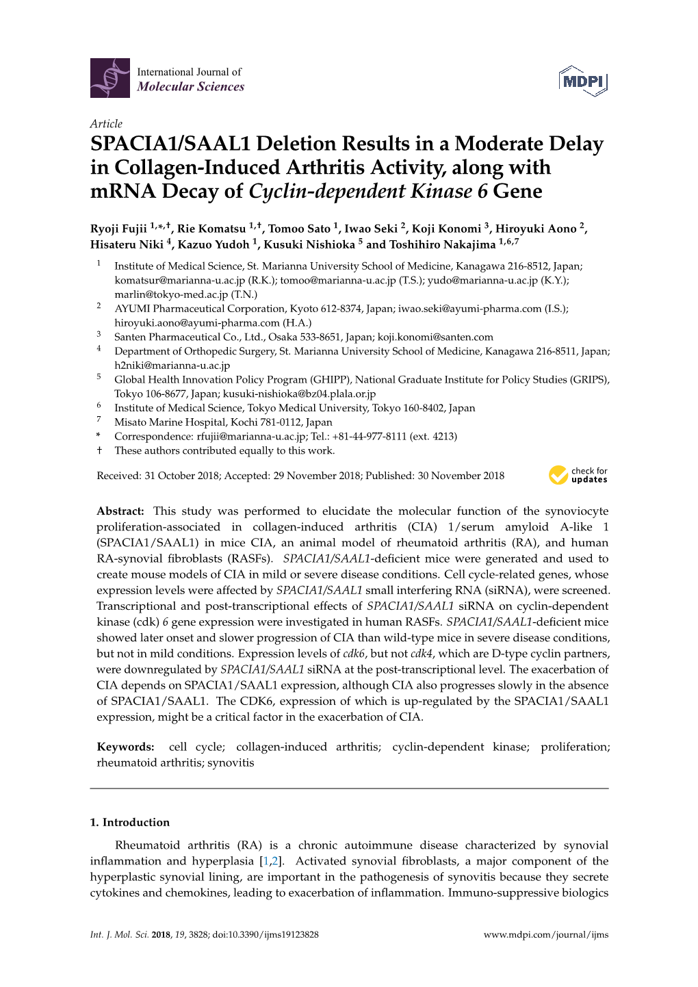 SPACIA1/SAAL1 Deletion Results in a Moderate Delay in Collagen-Induced Arthritis Activity, Along with Mrna Decay of Cyclin-Dependent Kinase 6 Gene