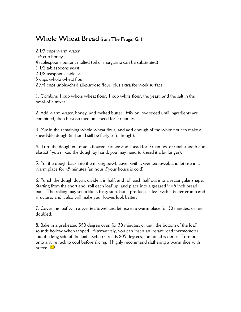 Printable Whole Wheat Bread Recipe