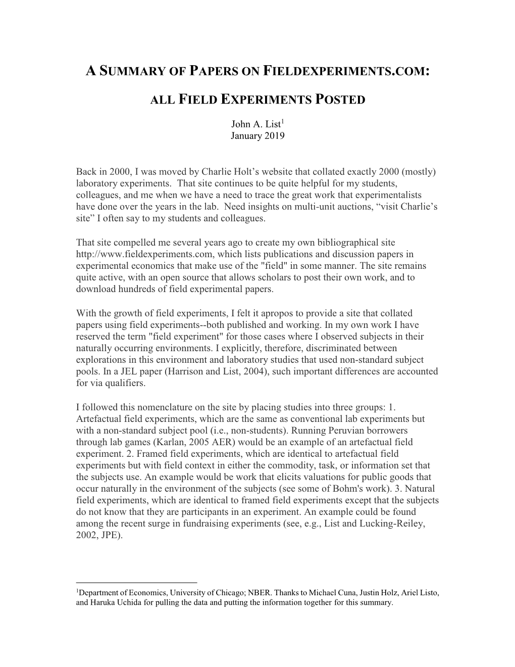 A Summary of Papers on Fieldexperiments.Com