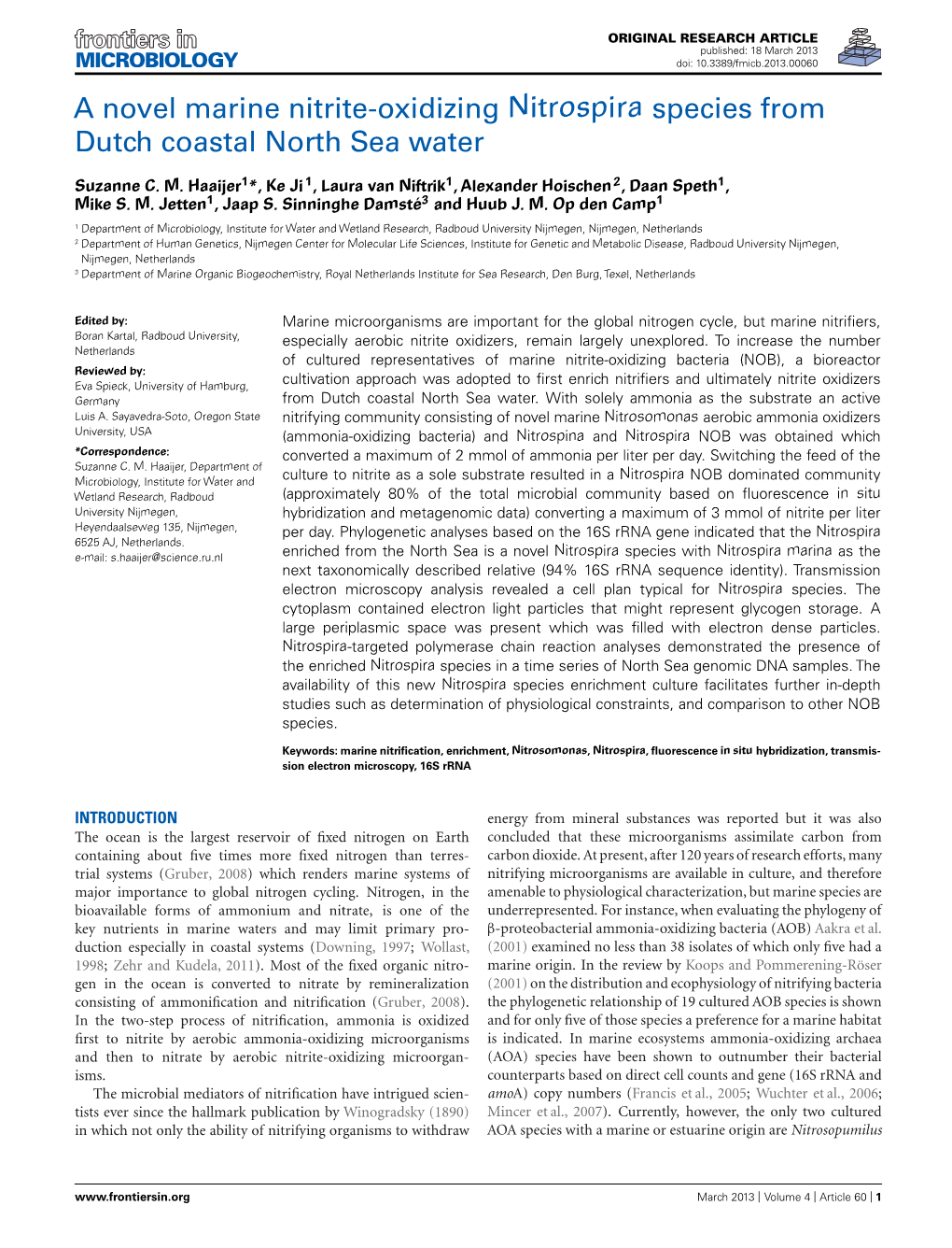 A Novel Marine Nitrite-Oxidizing Nitrospira Species from Dutch Coastal North Sea Water