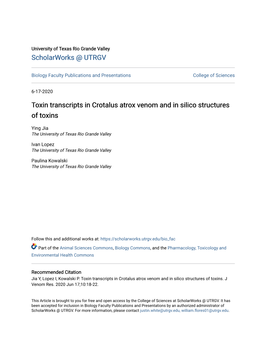 Toxin Transcripts in Crotalus Atrox Venom and in Silico Structures of Toxins