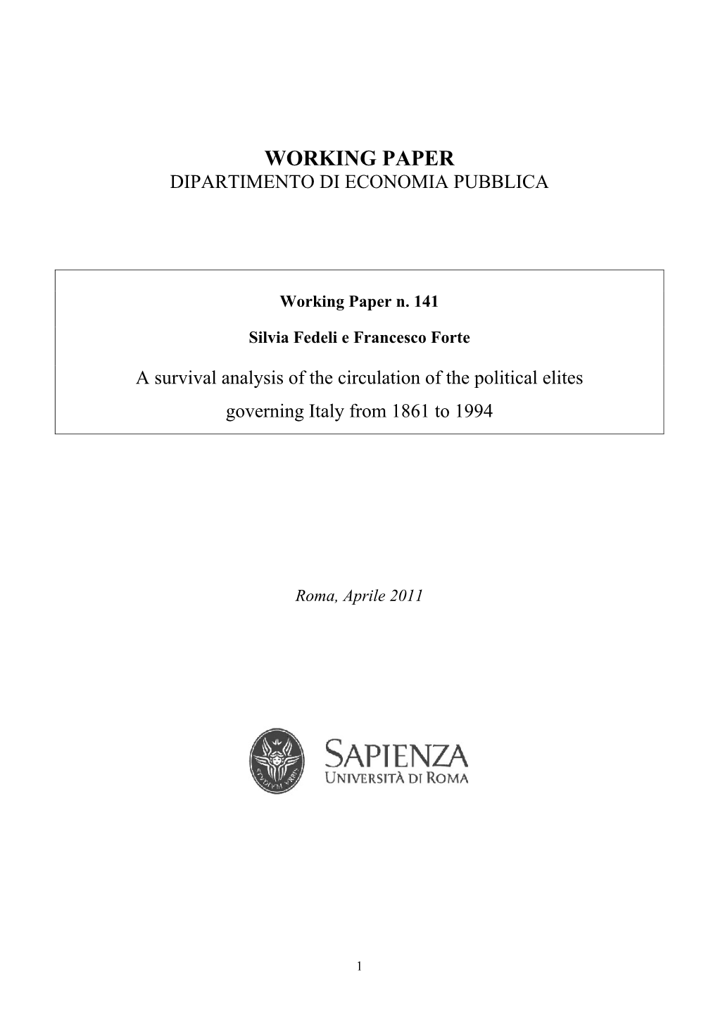 Working Paper Dipartimento Di Economia Pubblica