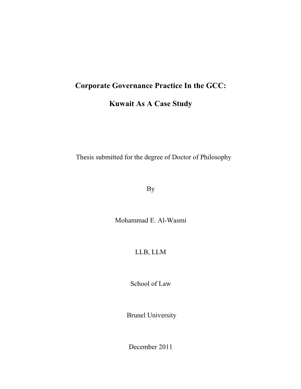 Corporate Governance Practice in the GCC: Kuwait As a Case Study